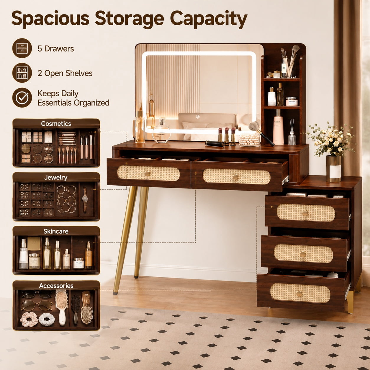 Aukfa 47.2" Rattan Makeup Vanity Desk with Lighted Mirror, Vintage Wood Vanity Table with 5 Drawers & Shelves, Gold Metal Legs, Walnut