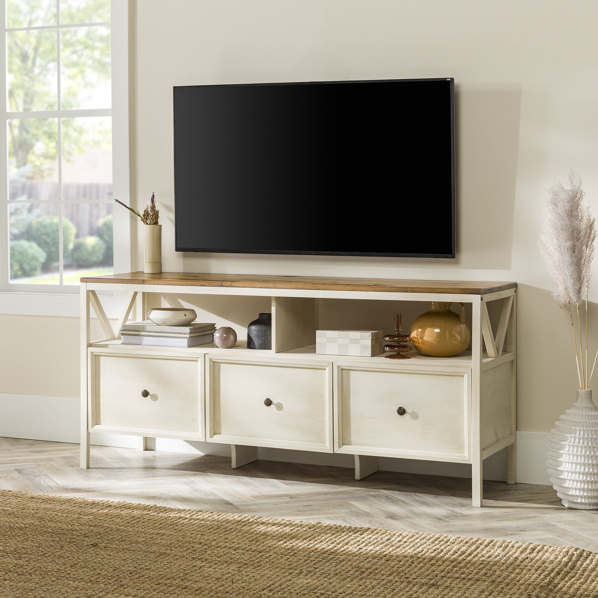 Walker Edison 32 Rustic Farmhouse TV Stand - Solid White/Grey Wash