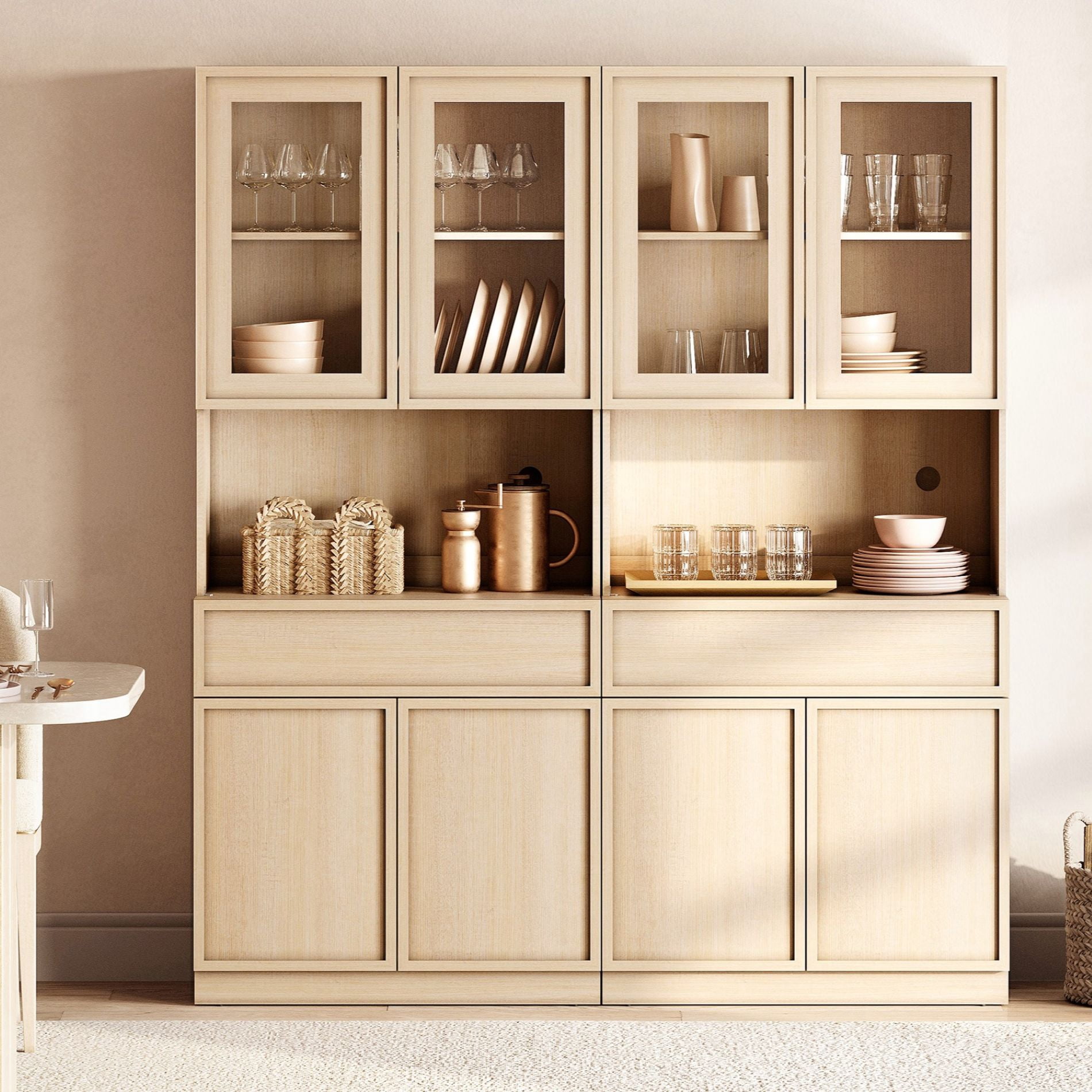 Modern Wood Sideboard Buffet with Glass Doors, Drawers & Adjustable Shelves, 72" Tall Glass Display Storage Cabinet,Beige