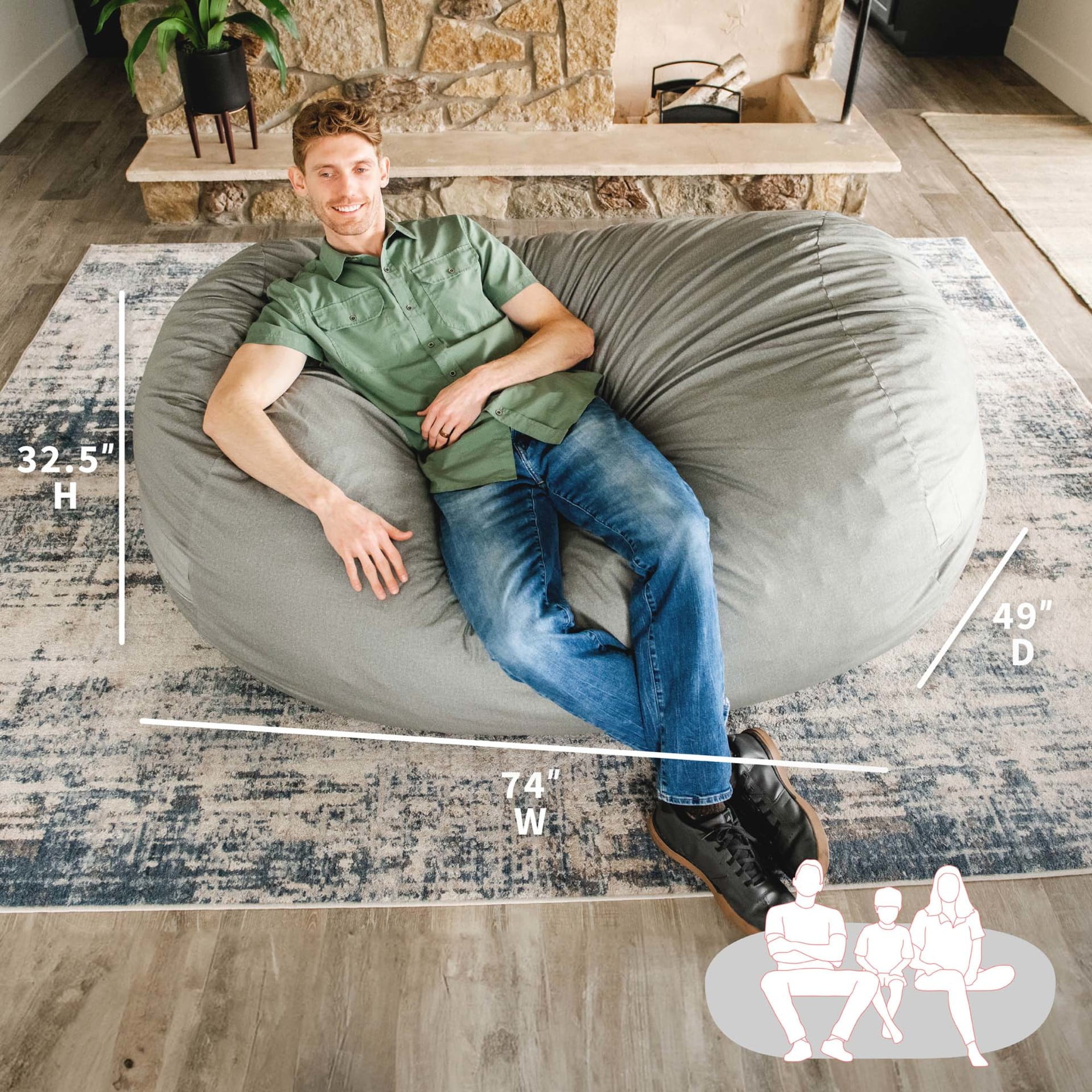 Big Joe Fuf Media Lounger Foam Filled Bean Bag Chair with Removable Cover Fog Lenox Durable Woven Polyester 6 feet Giant