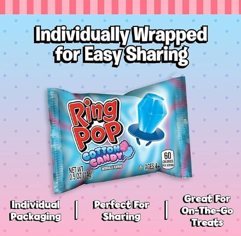 Ring Pop Individually Wrapped Cotton Candy Flavored Lollipop 30 Count Bulk Pack
