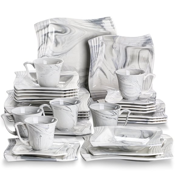 MALACASA, Series Amapro, 30-Piece Porcelain Dinnerware Sets, Marble Gray Dinner Set, Service for 6