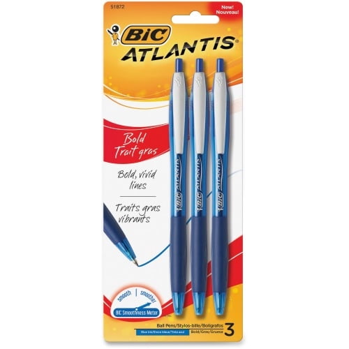 BIC Atlantis Retractable Ballpoint Pen Bold Pen Point - 1.6 mm Pen Point Size - Refillable - Retractable - Blue Oil Based Ink - Blue Barrel - Nickel Tip - 3 / Pack