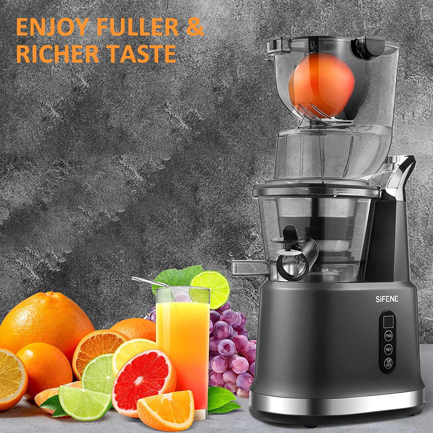 SiFENE Cold Press Juicer Machine, 200W Masticating Juicer with Wide Feed Chute, Easy to Clean, High Juice Yield, Quiet Operation, Slow Juicer for Fruits & Vegetables, Countertop Use, Gray
