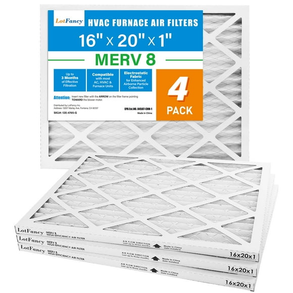 Lotfancy 16X20X1 Air Filter, 4 Pack Merv 8 Pleated Furnace Air Filters Replacement For Hvac (Actual Size: 15.75""X19.75""X0.75"")