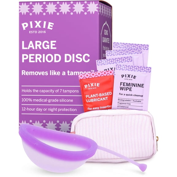 Pixie Menstrual Disc for Feminine Care - Ranked 1 for Best Tampon Alternative Period Disc - 100% Medical-Grade Silicone - Removes Like a Tampon - Wear 12 Hours - Capacity of 7 Tampons (Large)