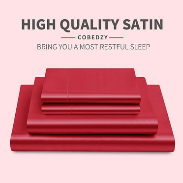 4 Pieces Red Satin Sheets Queen Size Bed Set, Luxury Silky Satin Bedding Sheets Set with 1 Deep Pocket Fitted Sheet, 1 Soft Flat Sheet, 2 Pillowcases