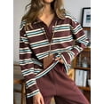 thumbnail image 4 of Oversized Striped Long Sleeve Rugby Shirts Women- V Neck Y2k Preppy Pullover Top Brown S, 4 of 9