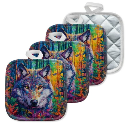 

4Pcs Pot Holder for Kitchen White Wolf In Vibrant Forest Composition Square Heat Resistant Hotpads 8x8in Non Slip Dirt-Proof Kitchen Cook Oven Potholders Machine Washable