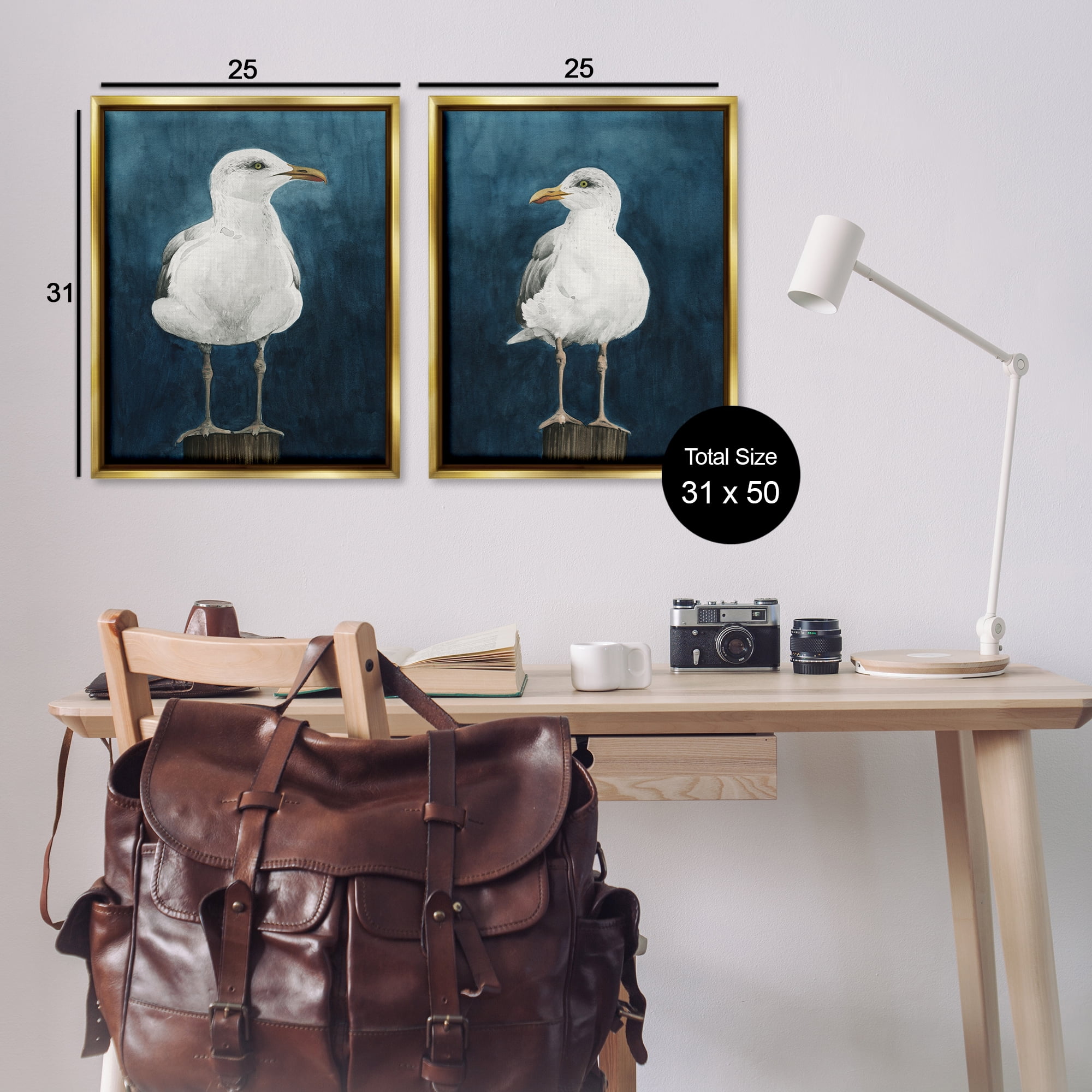 Stupell Industries Seagull Standing on Log Animals Painting Gold Floater Framed Canvas Art Print Wall Art, 31 x 25, Set of 2