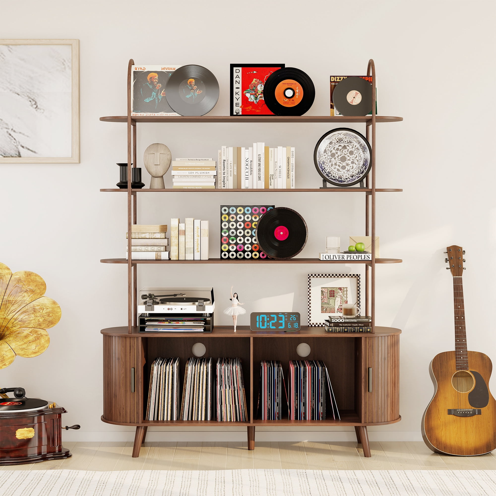 Tall Large Mid Century Modern Bookshelf with with Sliding Tambour Doors, 4-Tier Open Display Storage Shelf, Vinyl Record Player Stand for Home Office, Living Room, Walnut