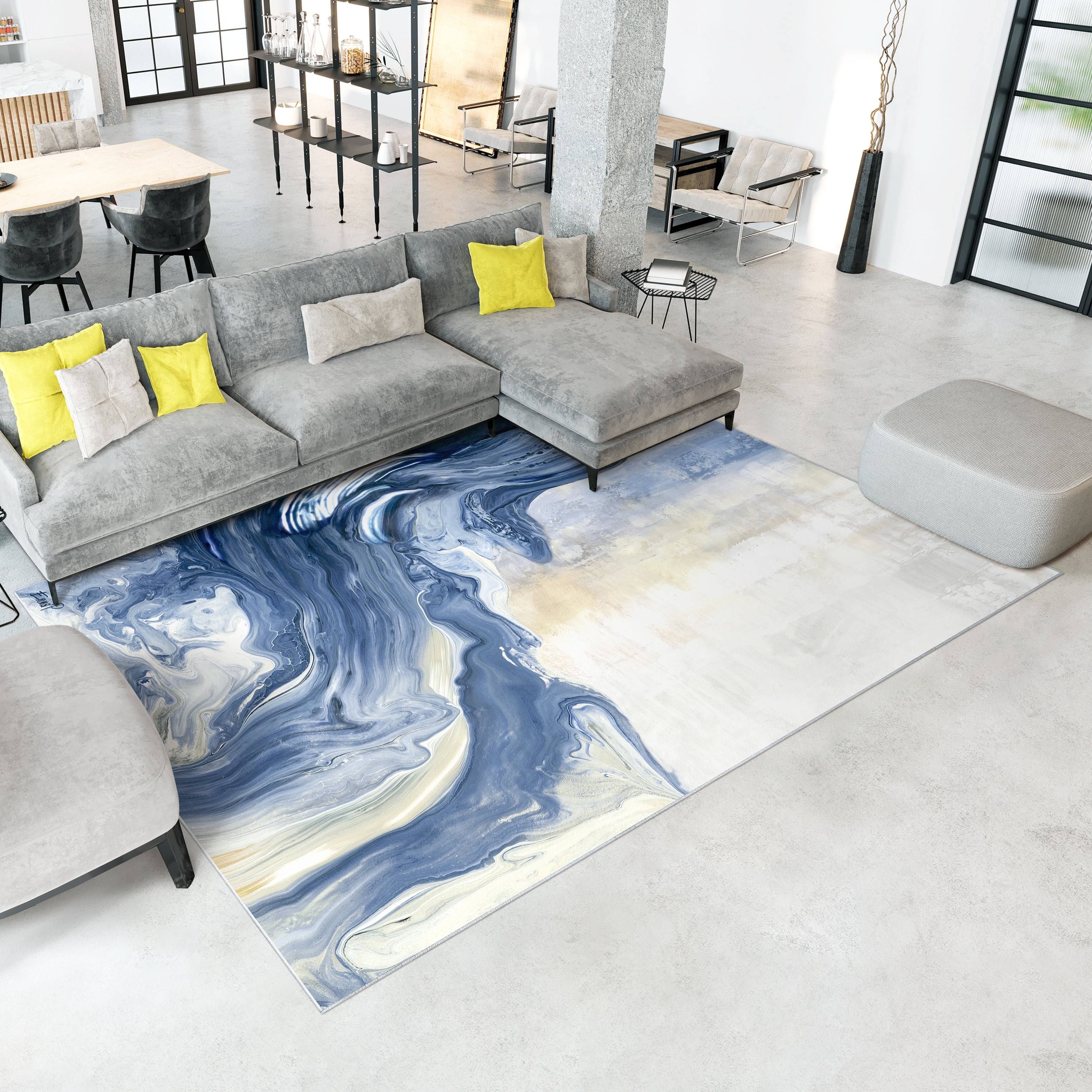 Blue Vulcanic Explosion Washable Abstract Art Area Rug size 8'x10', Power-loomed, Heavenly Softness with Non-Slipping Backing