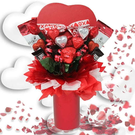 Love and Romance Chocolate Candy Bouquet | Unique Gift for the Hard to Buy For | Gourmet Assorted Chocolates, Roses and Kisses, Heart Shaped Box Filled with Premium Chocolates