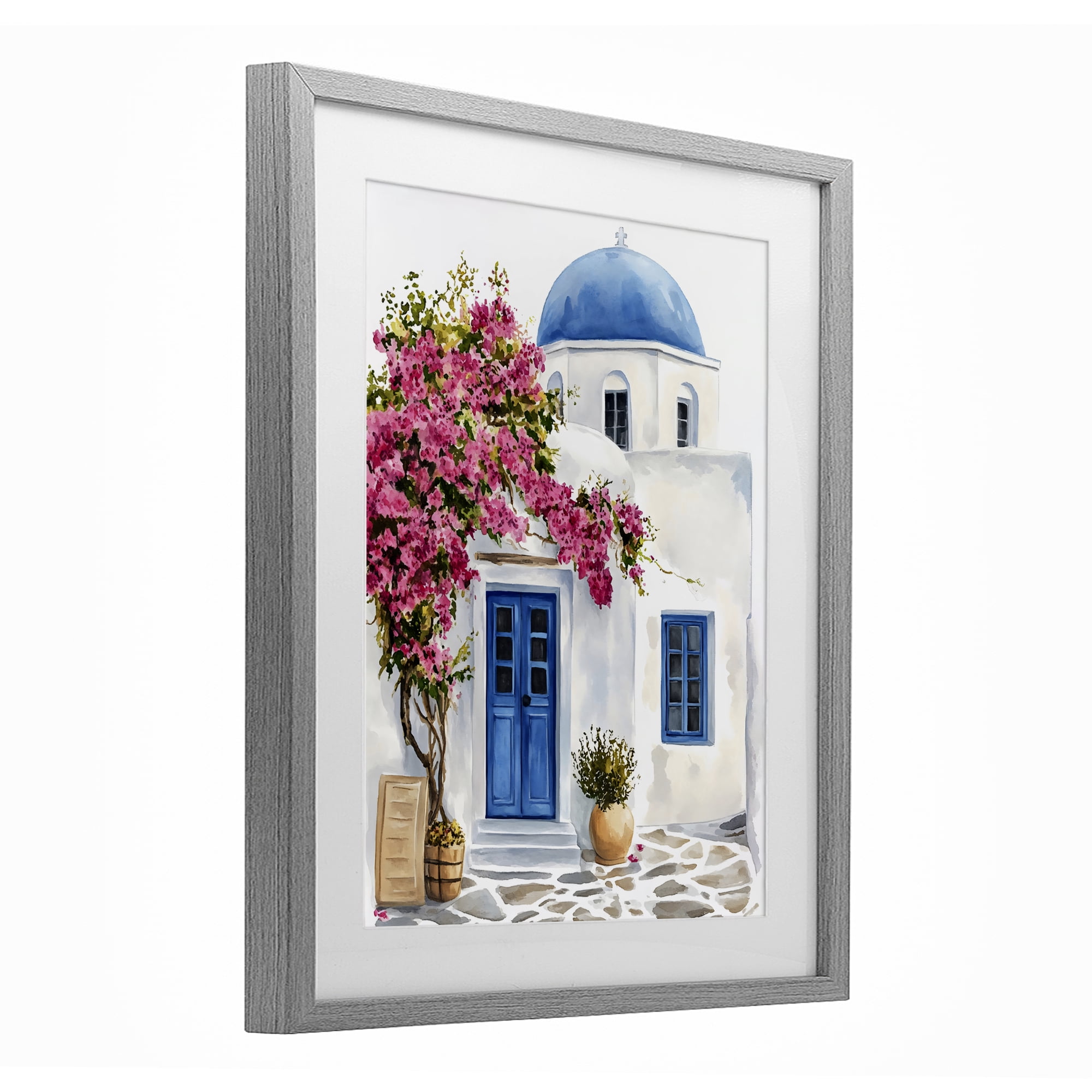 Stupell Industries Santorini House with Bougainvillea Gray Framed Print Under Glass, design by LSR Design Studio