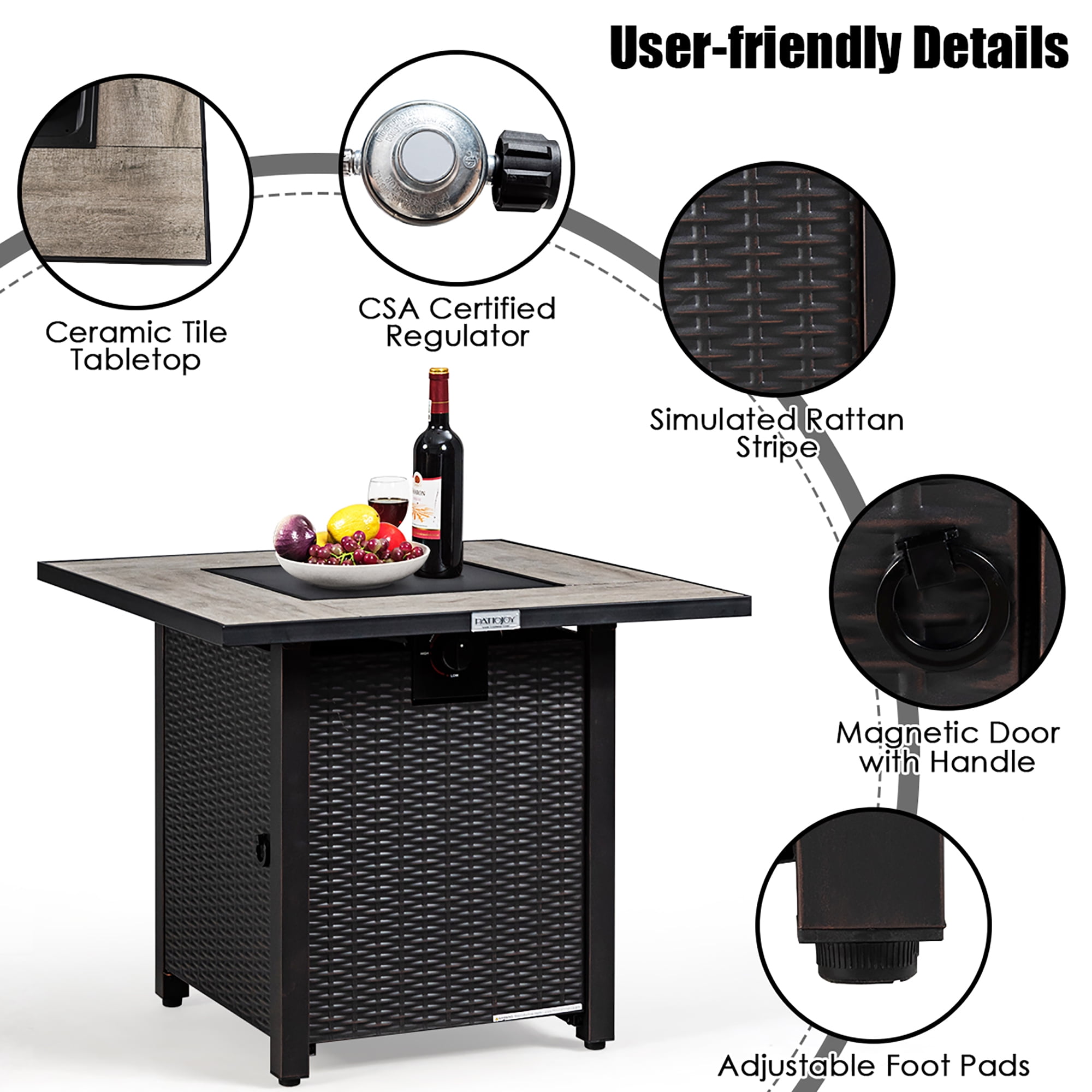 Costway 30'' Square Propane Gas Fire Pit Table Ceramic Tabletop 50,000 BTU with Cover