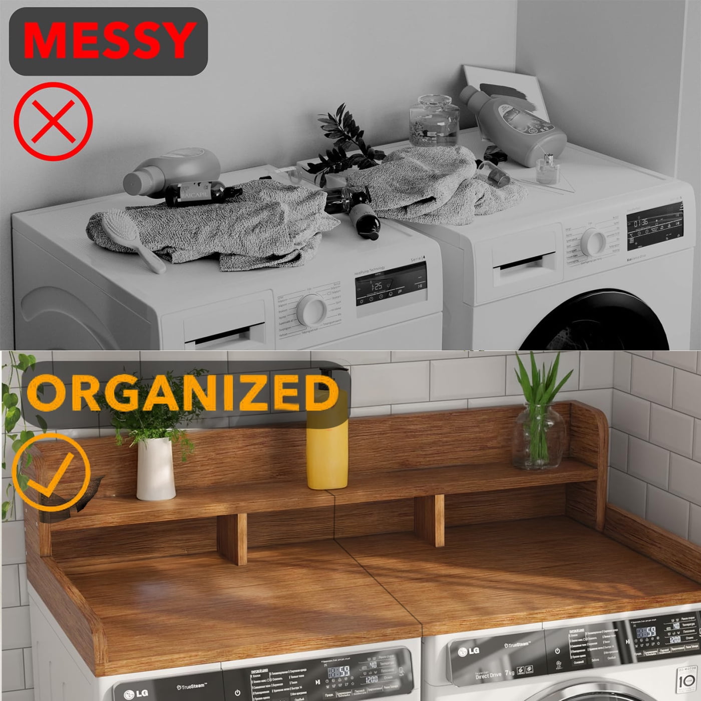 Washer Dryer Waterproof Countertop, Laundry Wood Shelf Topper with 2.75 Railimgs Edge, 54" x 27.5" Double Layer Organizer for Washer and Dryer Laundry Hamper Counter Storage Organization, Walnut