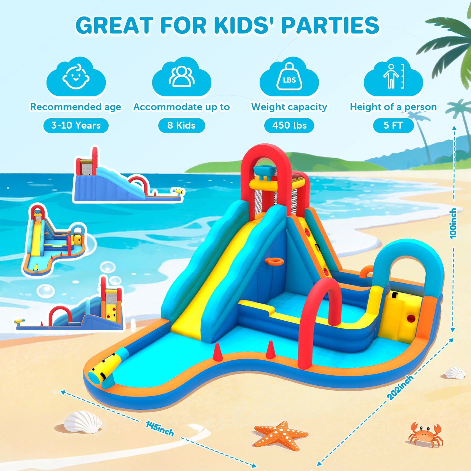 Patbrela Inflatable Water Slide Bounce House with Blower, 202x145x100inches, 12-in-1 Water Park with Extra Long Water Slide, Deep Pool, Basketball Hoop, Water Basin, Spray Door, Indoor/Outdoor