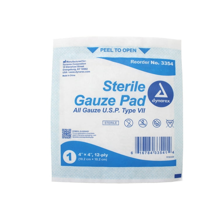 Dynarex Sterile Gauze Pads - Absorbent Cotton Fabric With Folded Edges -  Soft, Durable, Individually Wrapped Dressing - 4x4, 12-Ply - Box of 100  Pads