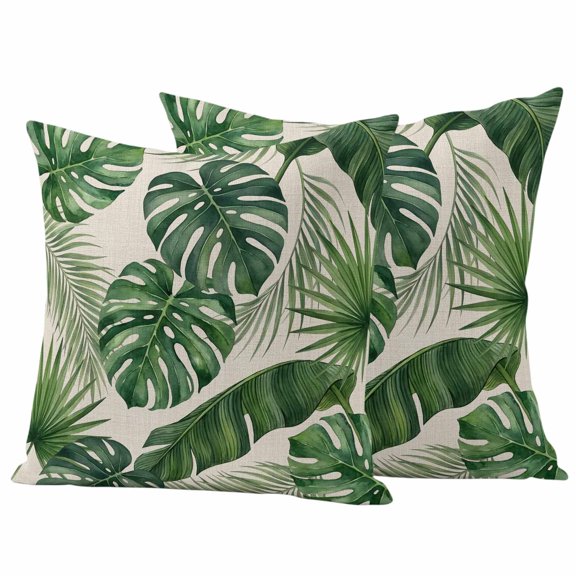 2 Pack Outdoor Waterproof Throw Pillow Covers,Watercolor Green Monstera Leaves Decorative Square Pillow Case Patio Pillowcases for Chair Couch Sofa 16x16in