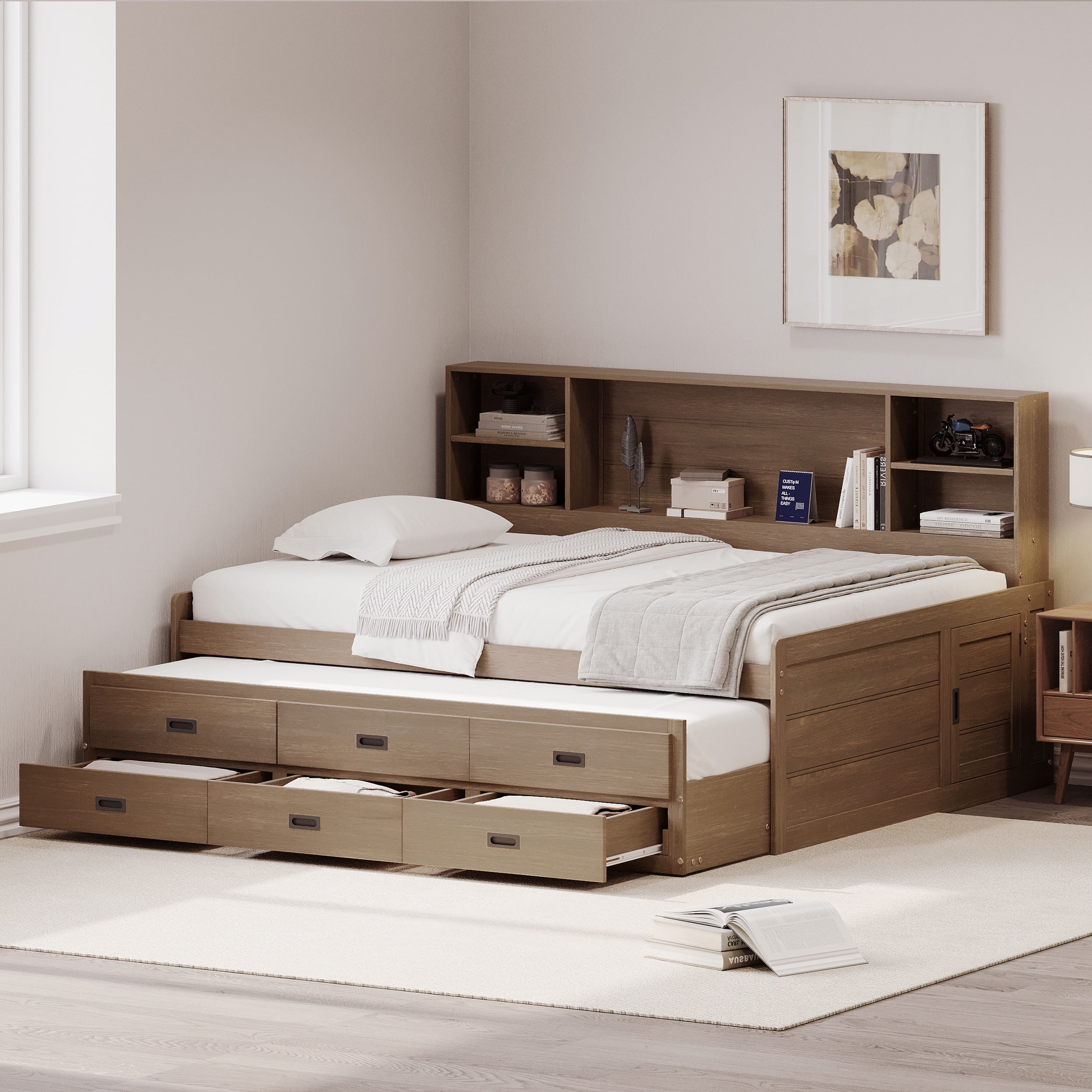 PORKISS Twin Size Daybed, Wooden Captain Daybed with Storage Bookcase Headboard, Modern Captain’s Bed with Trundle and Storage Drawers for Kids, Teens, No Box Spring Needed, Walnut