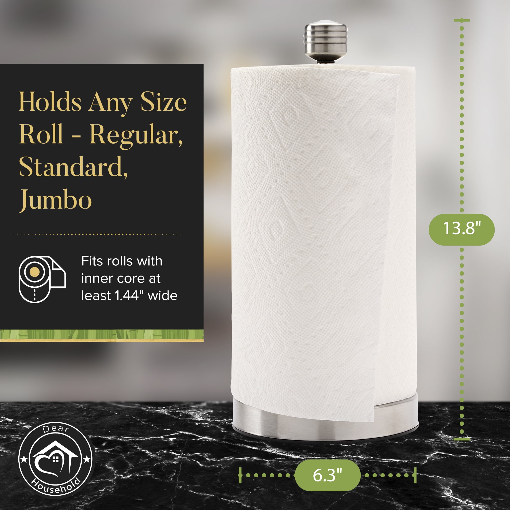 Dear Household Stainless Steel Paper Towel Holder Stand Designed for Easy One- Handed Operation - This Sturdy Weighted Paper Towel Holder Countertop Model Has Suction Cups and Holds Paper Towel Rolls