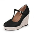 thumbnail image 4 of YOWMNS Women's T-Strap espadrilles Wedges sandals Platform Buckle Strap closed Toe comfortable heeled sandals(Black, 9.5), 4 of 5