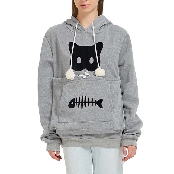 Womens Hoodies with Cat Pouch Long Sleeve Cute Graphic Sweatshirts Kitten Puppy Carrier Shirts Pet Animal Holder Sweater, 3XL Gray