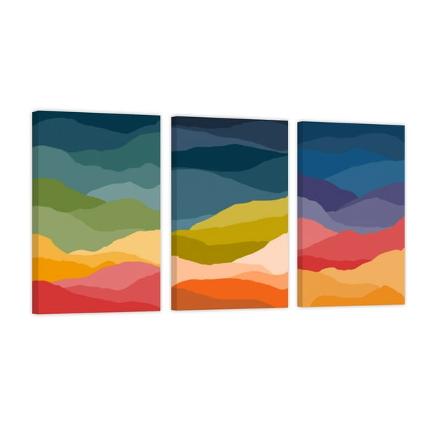 Set De 3 Cuadros Canvas Revolution Tríptico Vertical Ondas Coloridas 30x45 cm