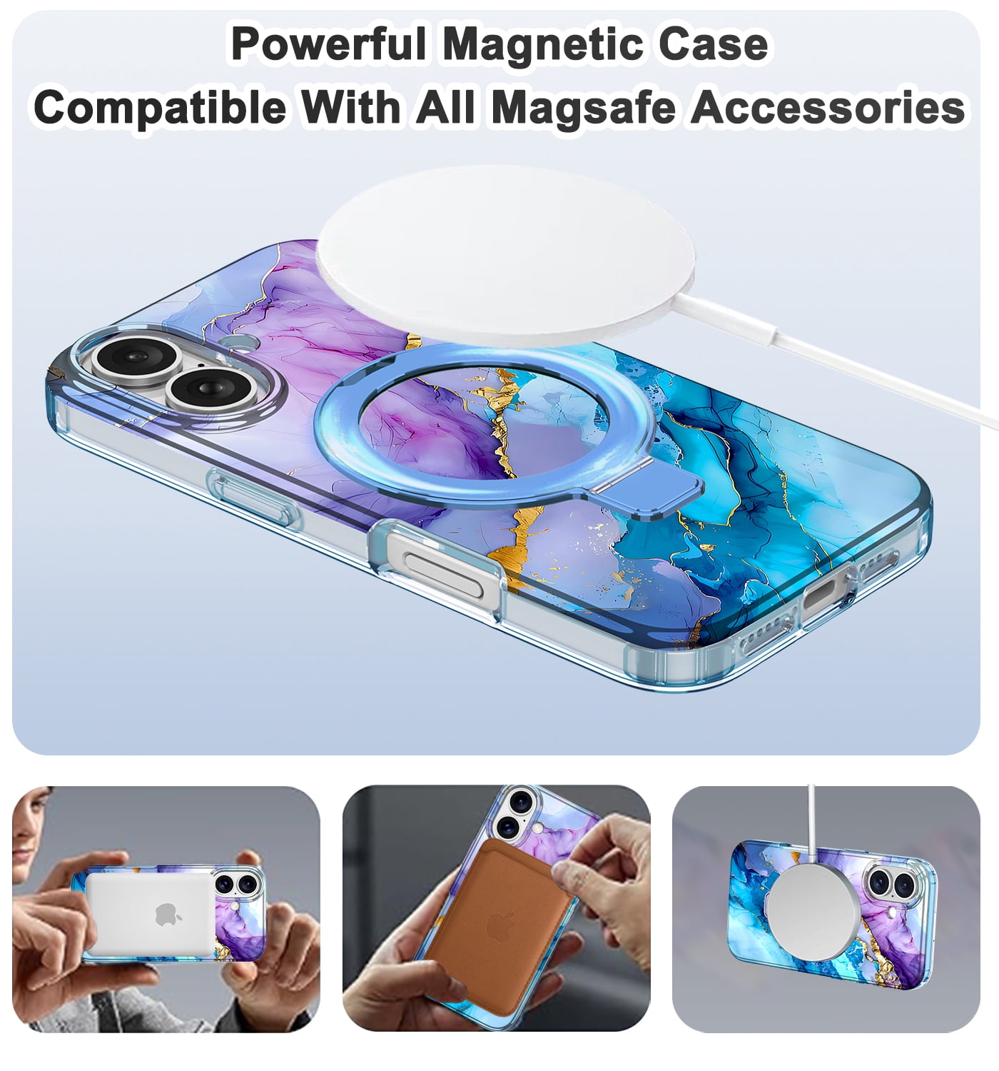 CASEFIV for iPhone 16 Plus Case,with Magnetic Invisible Ring Stand [Compatible with MagSafe],Full Body Rugged Slim Women Men Girl Shockproof Marble Pattern Design Case,Blue