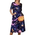 thumbnail image 5 of Women's Round Neck Halloween Patchwork Print Dress with Pockets Short Sleeve Loose Midi Dress Casual Fall Outfit for Daily Wear Purple S, 5 of 6