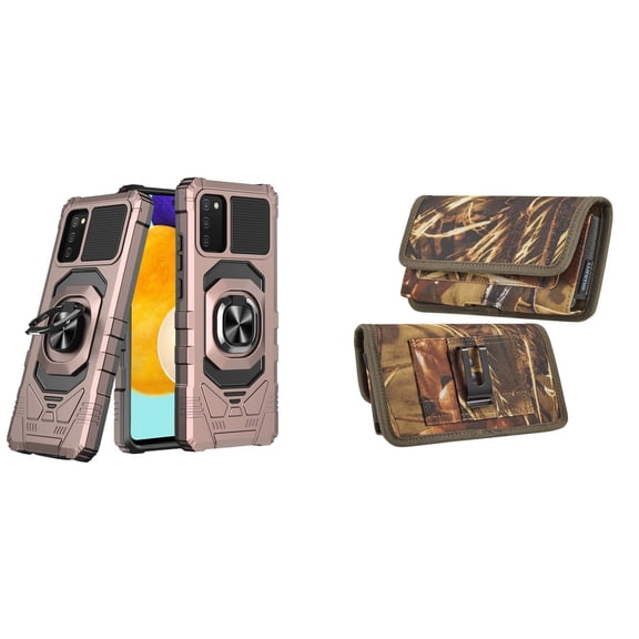 Case with Belt Holster Bundle for Samsung Galaxy A03s: Heavy Duty Series Protection Cover (Rose Gold) and Rugged Denim Nylon Phone Pouch (Tan Brown)
