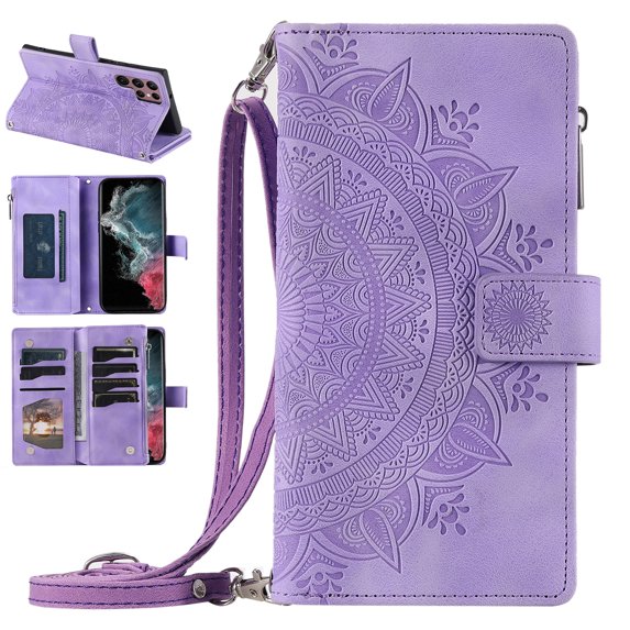 Nalacover for Samsung Galaxy S22 Ultra Embossed Floral Pattern PU Leather Crossbody Case with Shoulder Strap,Shockproof Magnetic Flip Stand Credit Card Slots Zipper Pocket Wallet Phone Case,Purple