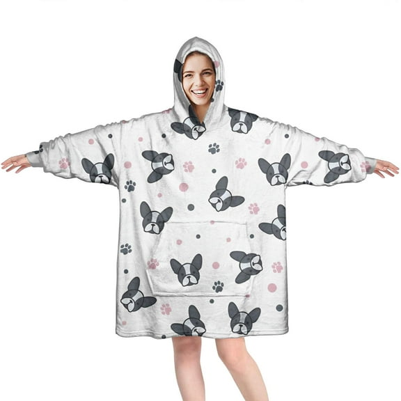French Bulldog Wearable Oversized Blanket,Wearable Blanket Hoodie for Adults,Cozy Hooded Blankets with Super Pockets,Super Warm Fuzzy Pullover for Women & Men