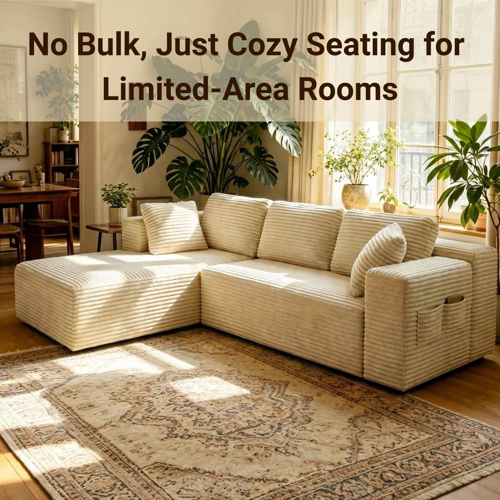 Sofa Couches, Lofka 105" L Shaped Sectional for Living Room, No Assembly Boneless Deep Seat, Beige Corduroy