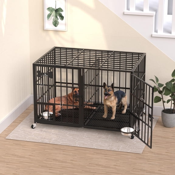 Heavy Duty Dog Crate with Double Doors & Wheels – Extra Large Kennel for Large Dogs, Indoor Use, Removable Tray, Powder Coated Steel