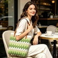 thumbnail image 4 of Bolsa de paja de rayas onduladas con asas dobles de cuero, bolso de hombro tejido ligero para playa, vacaciones, exteriores, uso casual, multicolor, 4 of 6