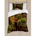 thumbnail image 1 of Japanese Duvet Cover Set Twin Size, Peaceful Garden in Twilight with Reflections in Water Red Bridge on Pond Sunset, Decorative 2 Piece Bedding Set with 1 Pillow Sham, Green Yellow, by Ambesonne, 1 of 3