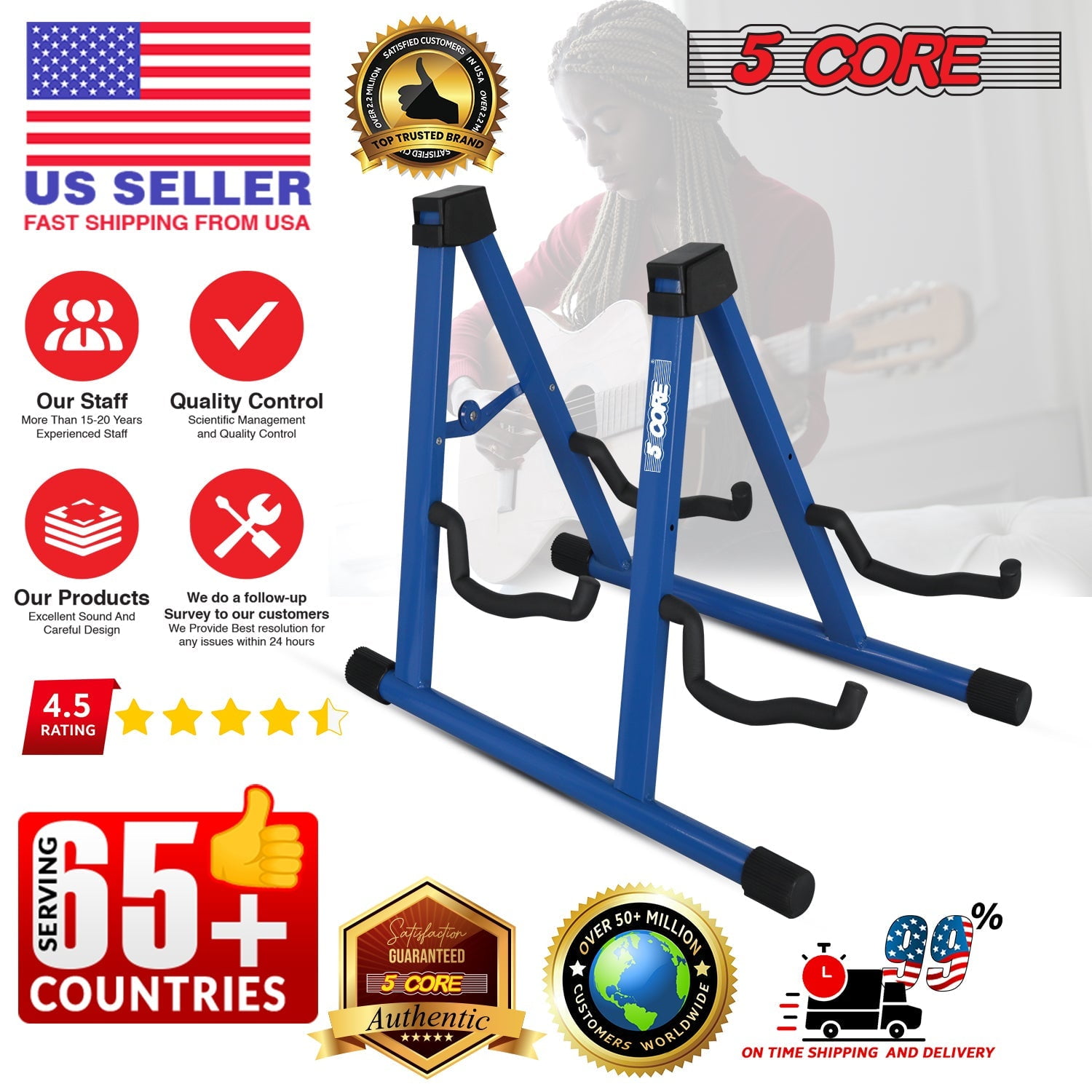 Heavy-Duty Double Guitar Stand – Adjustable A-Frame Floor Holder for Acoustic, Electric, Bass, Mandolin & Violin, Non-Slip Rubber Feet, Foldable for Stage/Studio