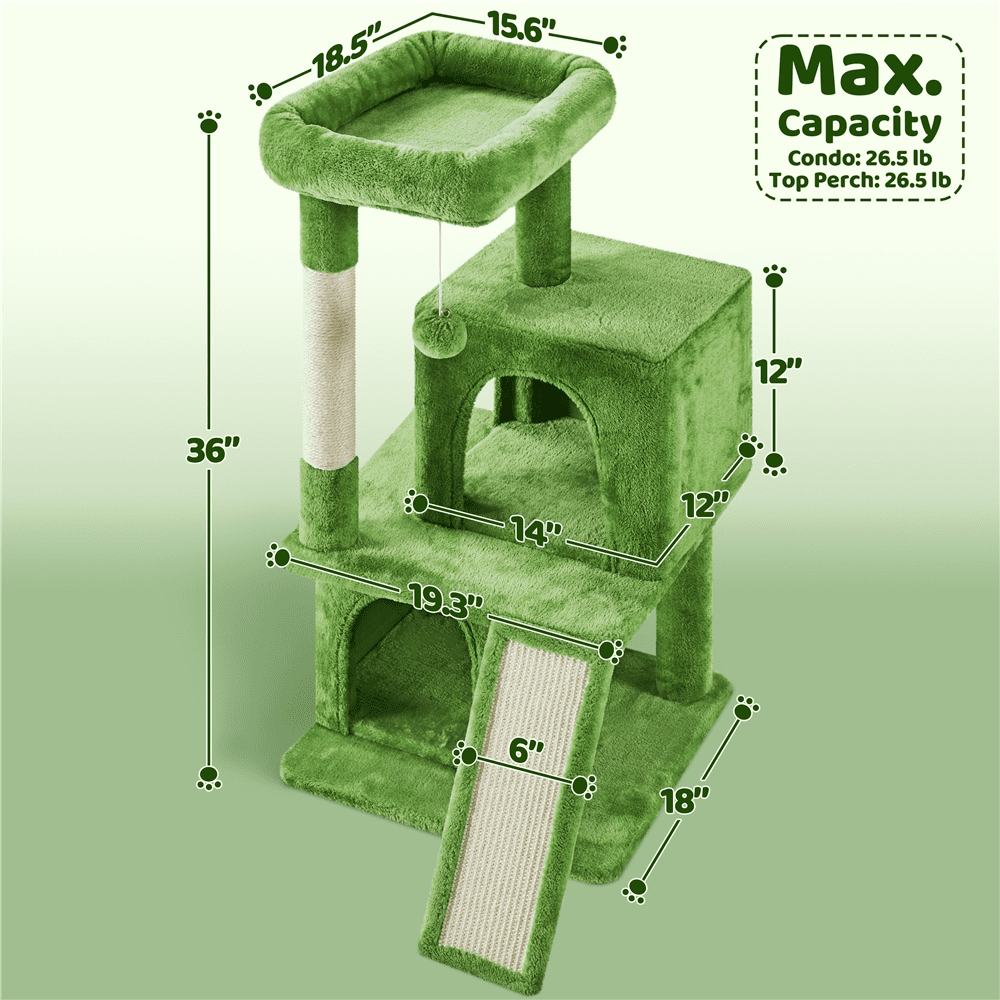 Yaheetech 36'' H Cat Tree Tower with Double Condos, Scratching Post, Green