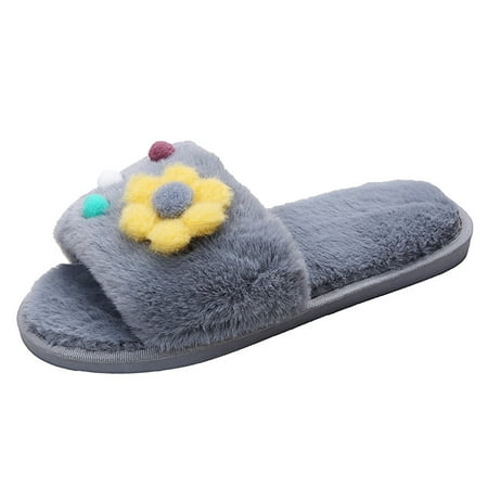 

Slippers for Women Women Toe Home Flat Slippers Shoes Open Keep Furry Slip On Warm Flowers Winter Women S Slipper Womens Slippers Flock Grey 36-37