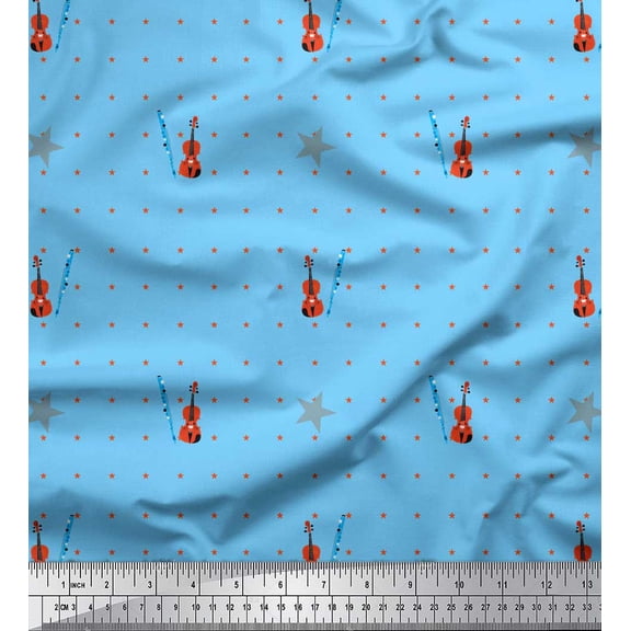 Soimoi Blue Poly Georgette Fabric Stars & Violin Musical Instrument Print Sewing Fabric Yard 42 Inch Wide