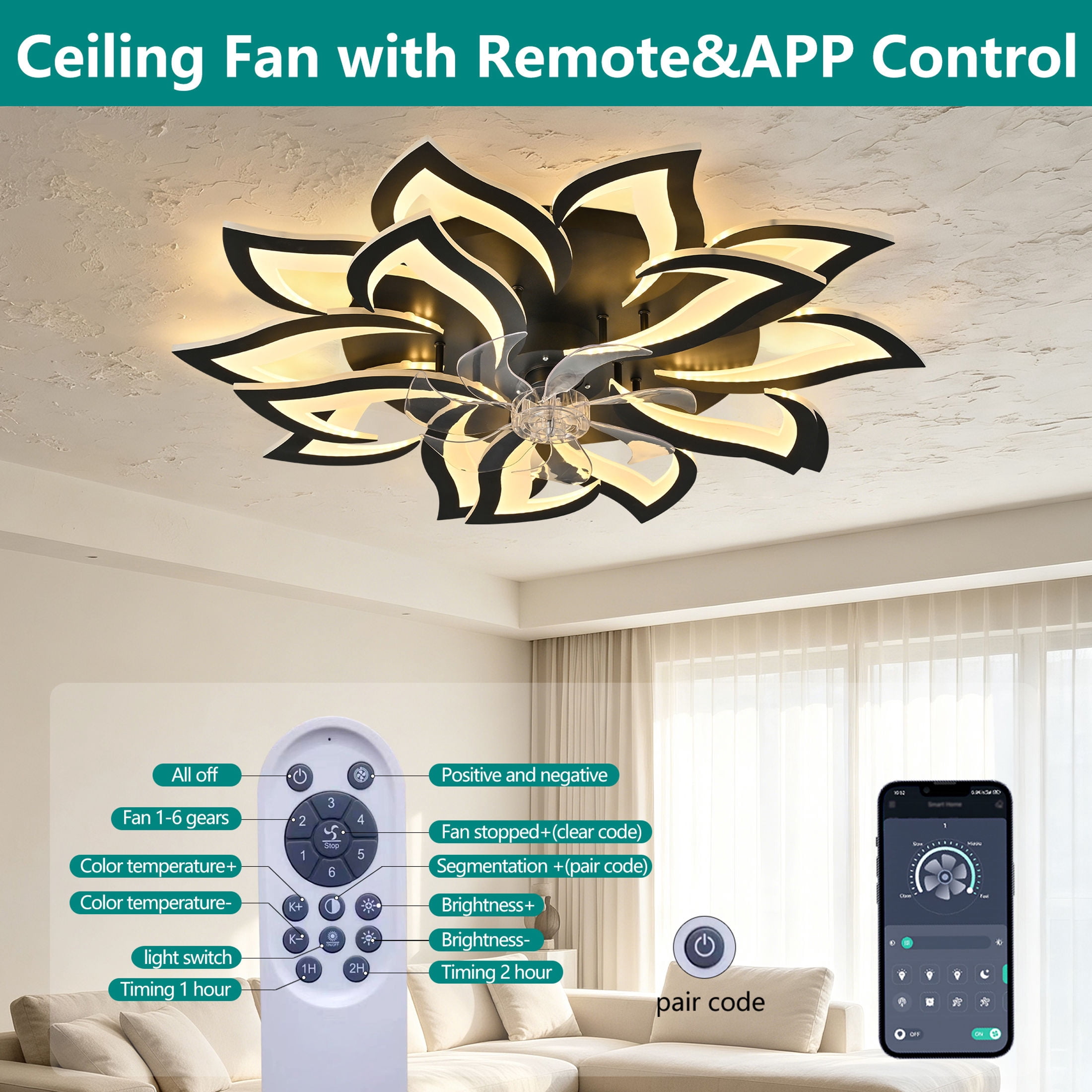 GDF Studio 15-Head Flower Modern Ceiling Fan with LED Lights & Remote Control, Low Profile Flush Mount Fandelier, Black