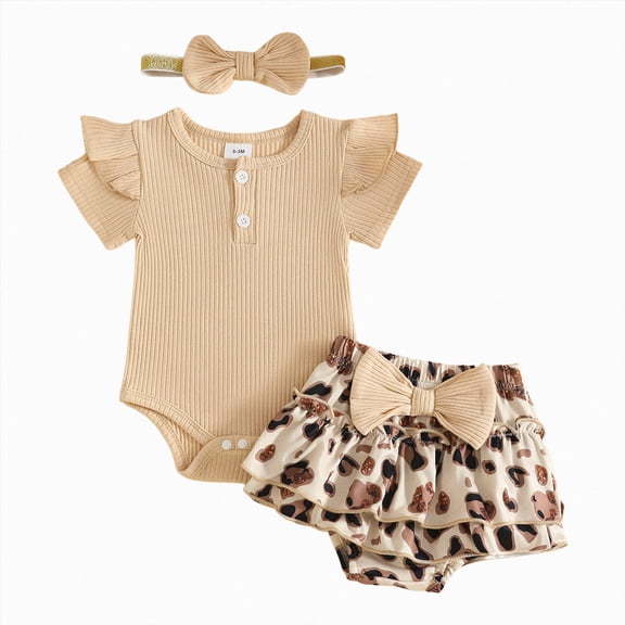 NOLDARES Infant Newborn Baby Girl Romper Jumpsuit 3 Piece Set Clothes Ruffle Sleeve Shorts Headband Summer Bow(Khaki,3-6 M)