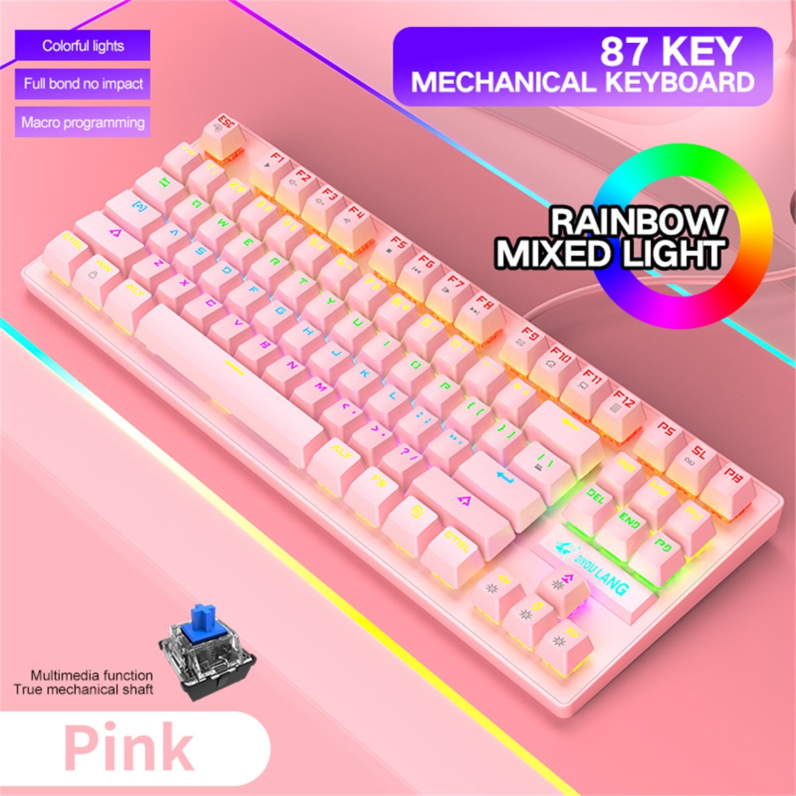 Yufenmy Clearance Tech Accessories Mechanical Keyboard 87 Keys Layout LED Backlit Blue Switches Wired