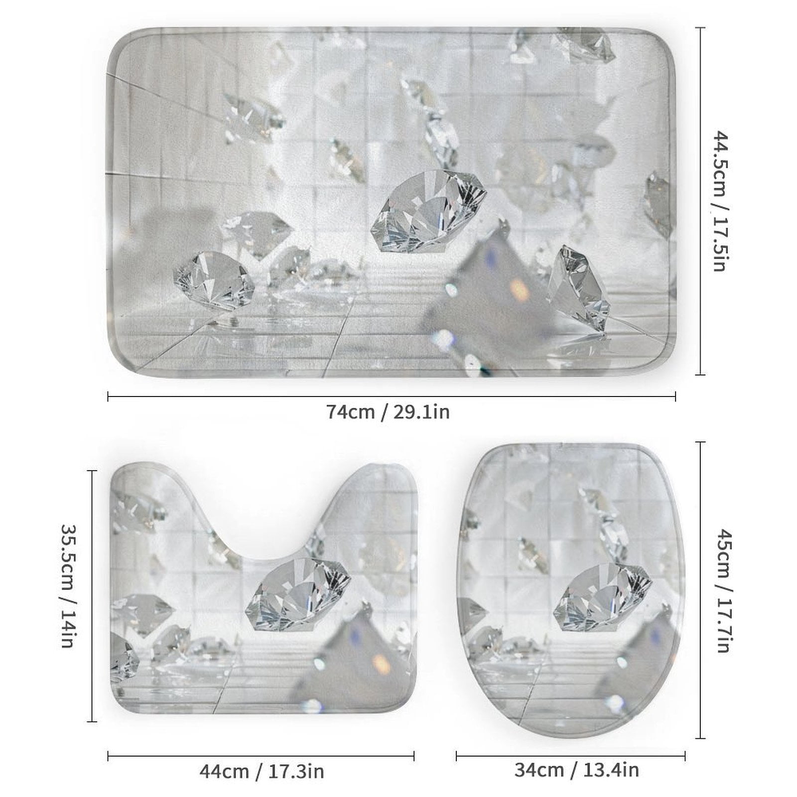 Clear Diamonds 4 Pcs Bathroom Shower Curtain Set, Bathroom Sets with Rugs (Bath Mat, U Shape and Toilet Lid Cover Mat) and 12 Hooks,