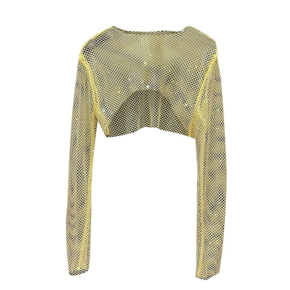 Women Rhinestones Mesh Long Sleeve Crewneck Crop Top See Through Jewelry Bikini Cover Up Rave Party Clubwear