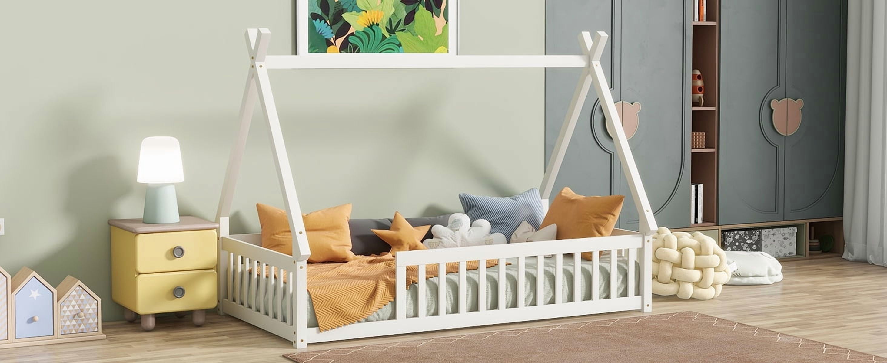 Sailvan Twin Tent-shaped Floor Bed,Teepee Bed with Guardrails,Slats