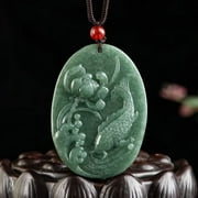 TIANTUTUTEC Natural Grade A Jade Jadeite Men Women Green Carved Lotus Fish Oval Pendant