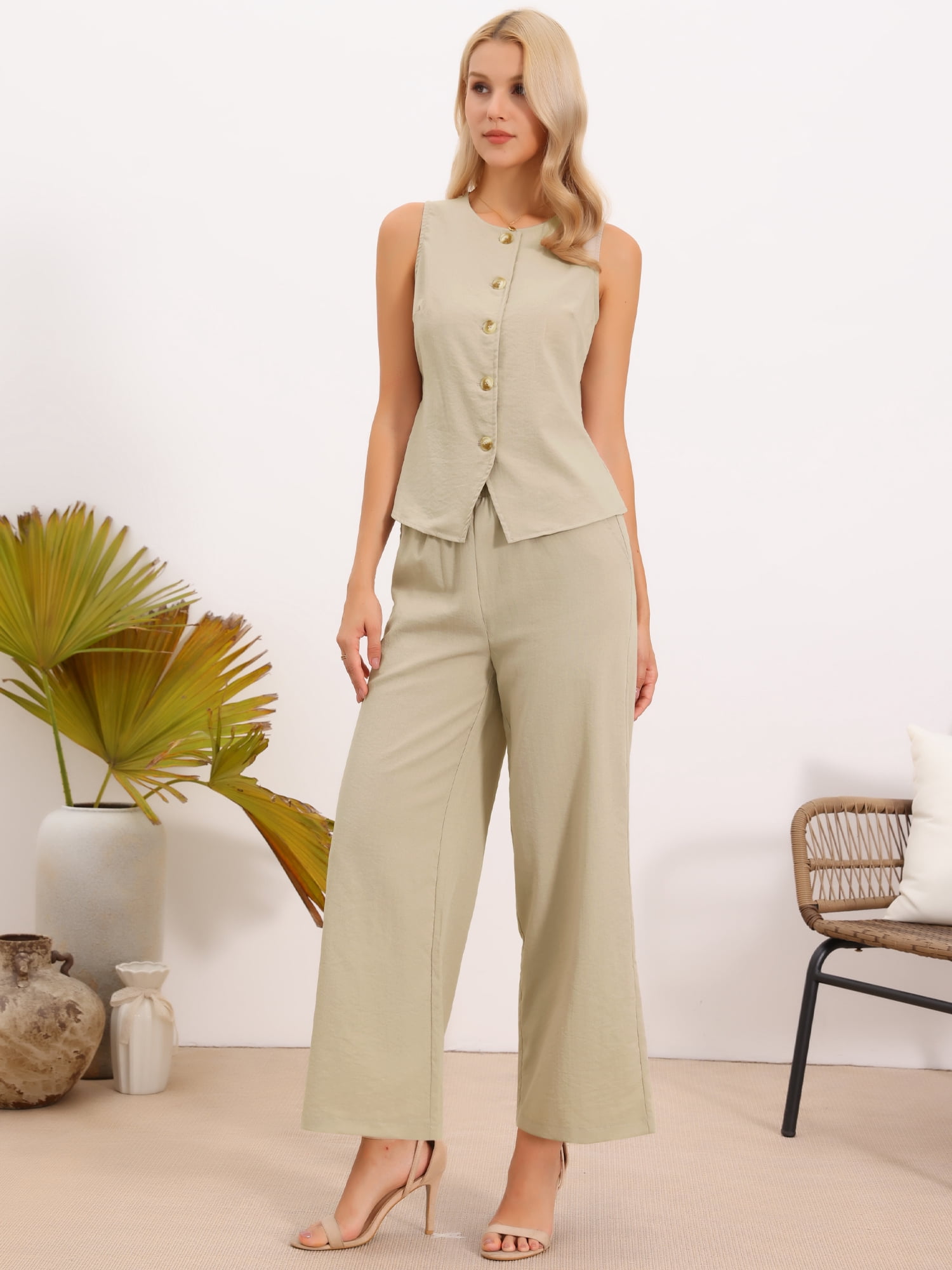 DARING DIVA 2Pcs Women's Outfits Dressy Wide Leg Pant SuitCasual Set XL Khaki
