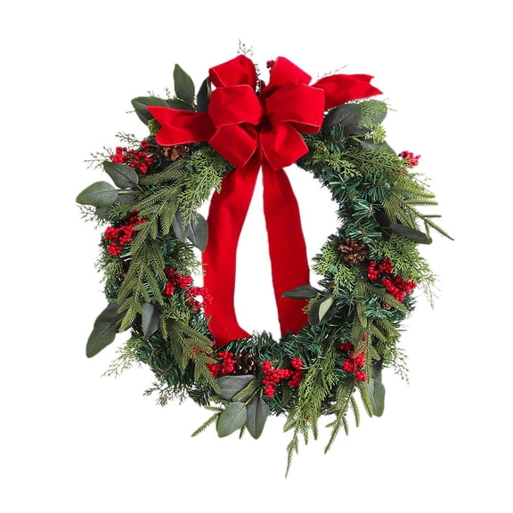 18 Inch Christmas Wreaths for Front Door with Red Velvet Bow adn Berry, Artificial Norfolk Pine Greenery Christmas Wreath Decorations for Wall Window Home Indoor Outdoor Winter Holiday
